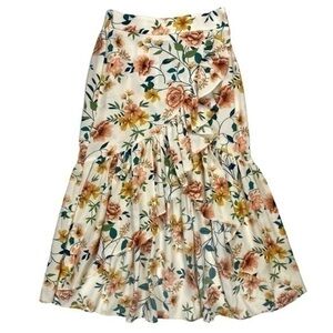 Milk & Honey Ruffle Hi Low Maxi Skirt Sz S Floral Elastic Waist Boho Summer NEW
